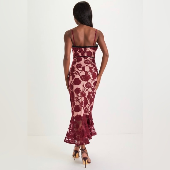Lulus Alluring Dream Burgundy Floral Mesh Lace Trumpet Dress - Size M - Picture 3 of 6
